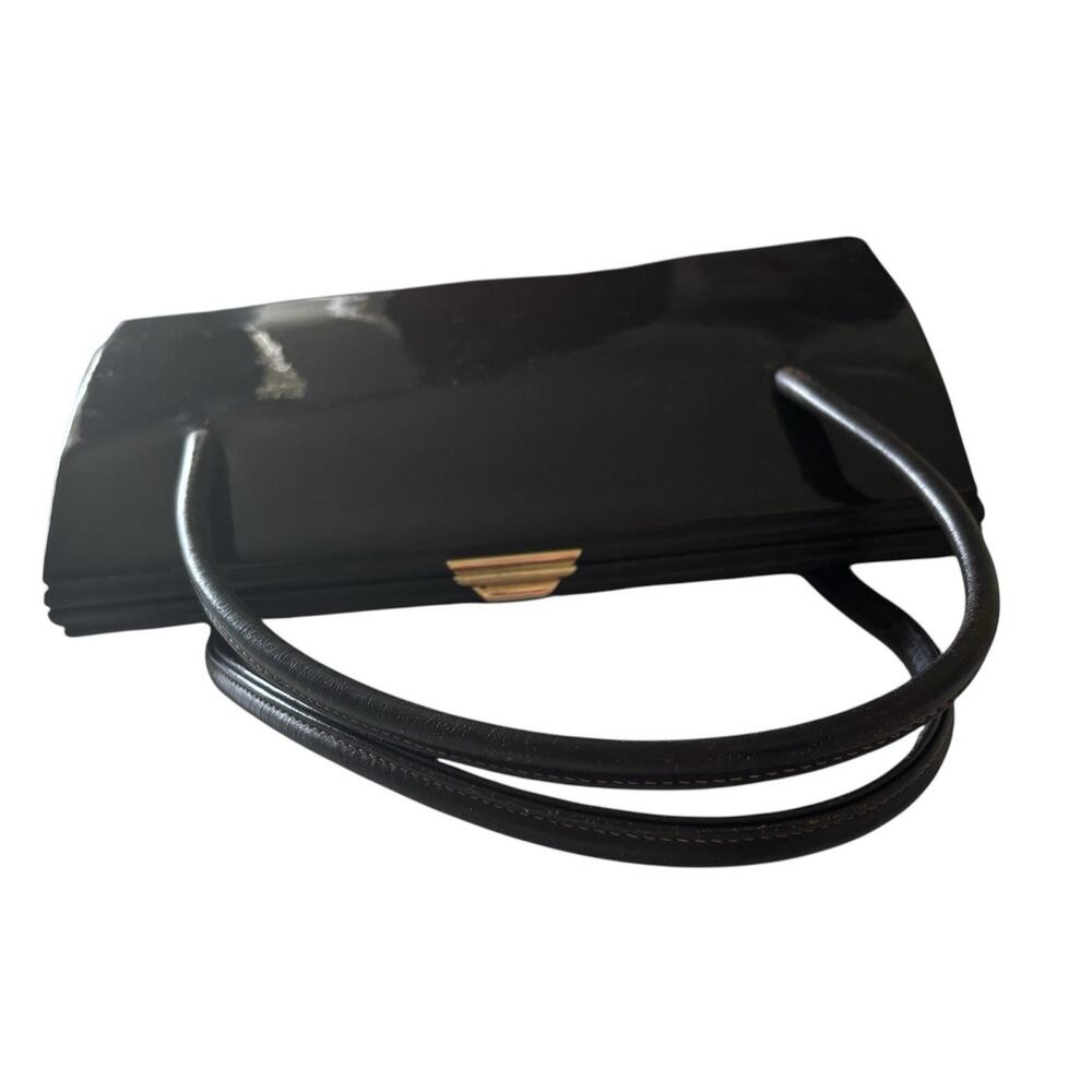 Waldybag Classic Dainty Dark Chestnut Brown Patent Leather Top Handles Bag 1950s - Picture 7 of 13